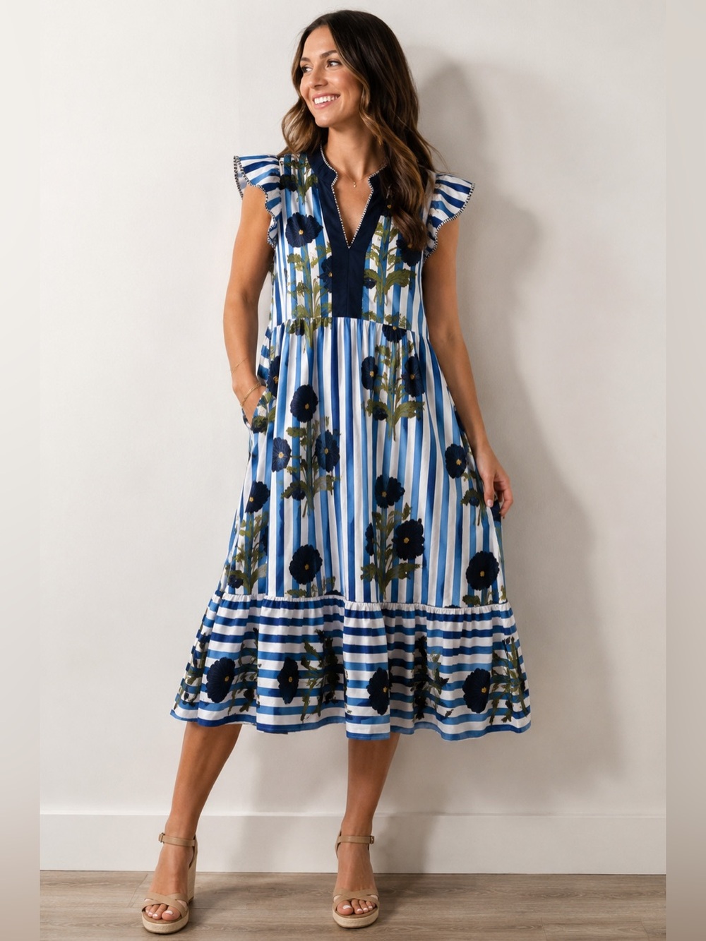 Umgee Blue White Striped Midi Dress with Navy Floral Embroidery
